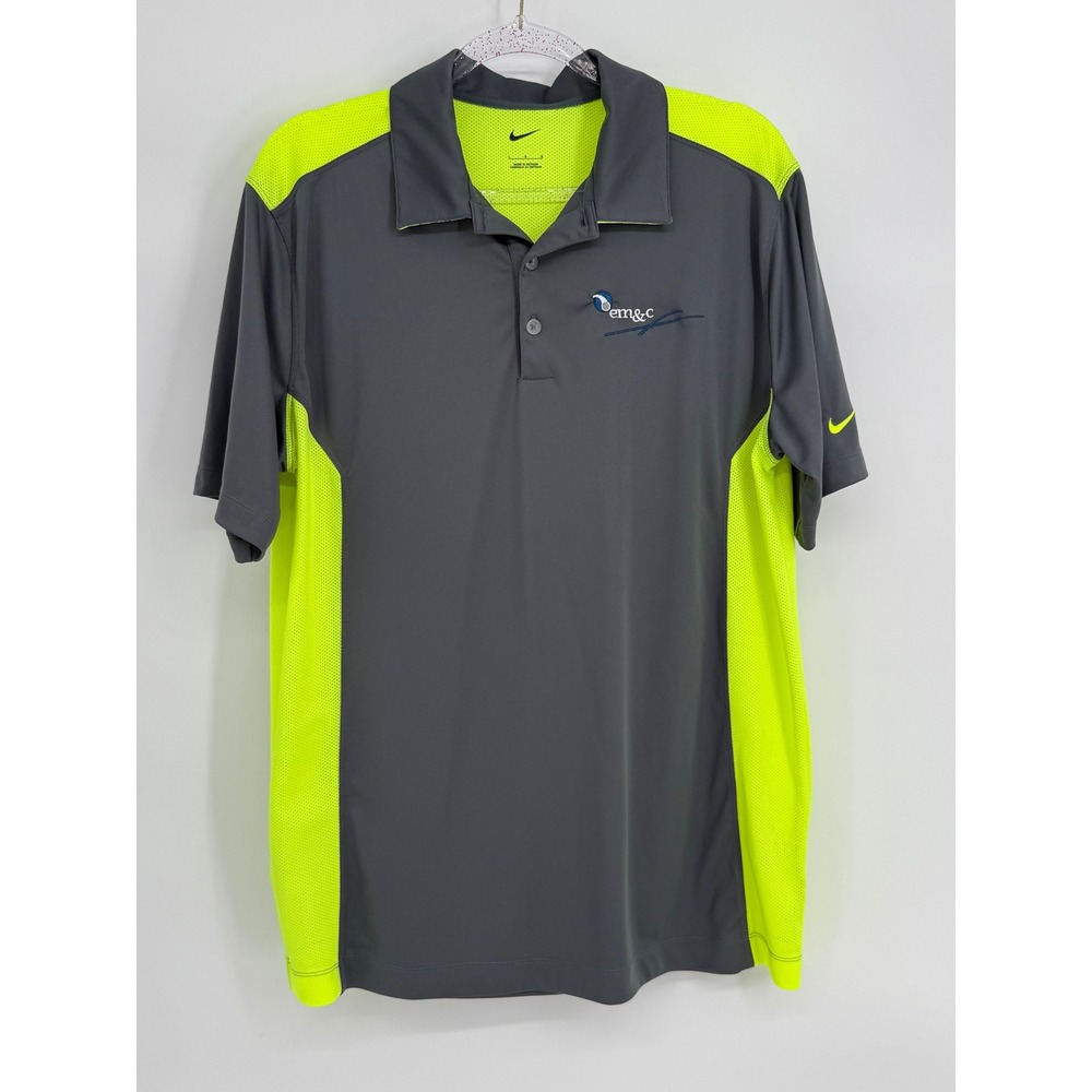 Nike Golf Polo Shirt Mens Grey Neon Yellow Colorblock Mesh Performance Sz L